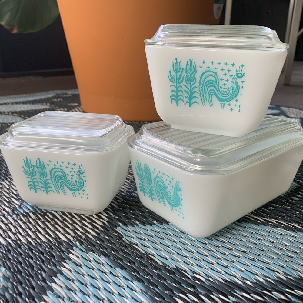 Pyrex Made In USA Butterprint Turquoise Blue Rooster 501 & 502 Refrigerator Dish